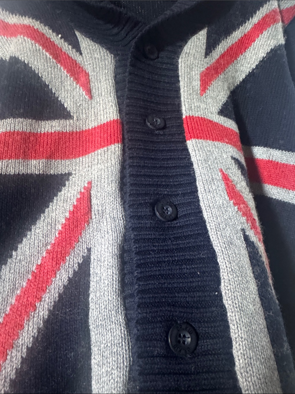 Union Flag Shawl Collar Button-Front Sweater - Black/Red/Gray - Picture 3 of 5